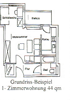 Grundriss-Beispiel: 1-Zimmerwohnung, 44qm.